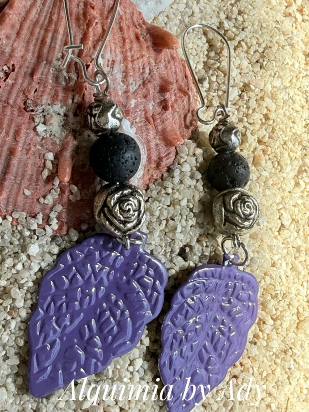 Alquimia Purple Leaf Dangle Earrings with Silver Rose Accents